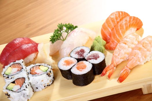 Japanese food sushi on wooden plate