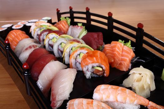 mixed sushi tray of shaped bridge