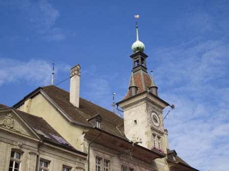 City Hall Clock tower in Lausanne. Switzerland.