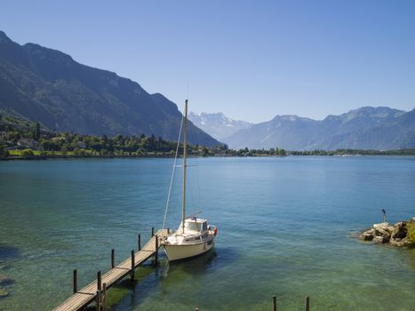 View of Lake Geneva from Chillon castle. Montreux. Switzerland.