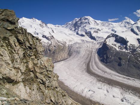 The Gorner Glacier, a valley glacier on the west side of the Monte Rosa Massif, close to Zermatt, Switzerland. It was the second largest glacial system in the Alps after the Aletsch Glacier system.