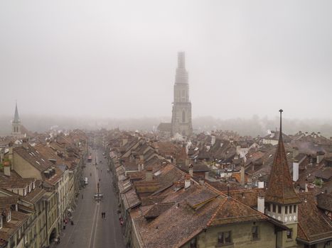 Aerial view of Bern in morning mist, Switzerland. In 1983 the historic old town in the centre of Bern became a UNESCO World Heritage Site.