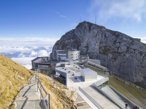 Pilatus Kulm station near the summit of Mount Pilatus on the border between the canton of Obwalden and Nidwalden in Central Switzerland.