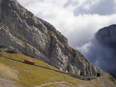 Cogwheel Railway to the top of Pilatus mountain. Switzerland.