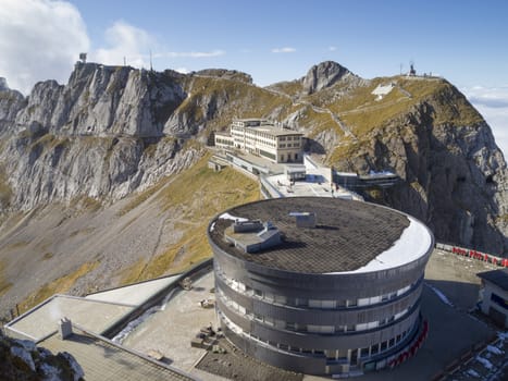 Pilatus Kulm station near the summit of Mount Pilatus on the border between the canton of Obwalden and Nidwalden in Central Switzerland.