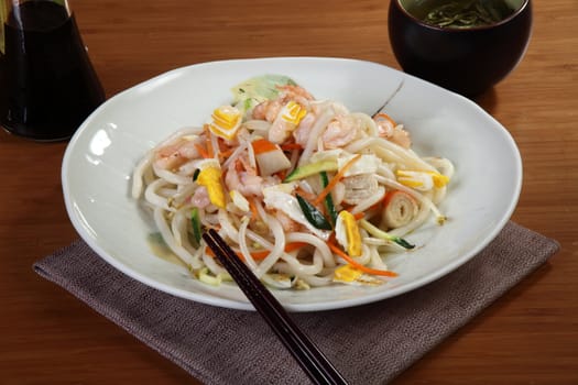 Japanese cuisine udon with seafood