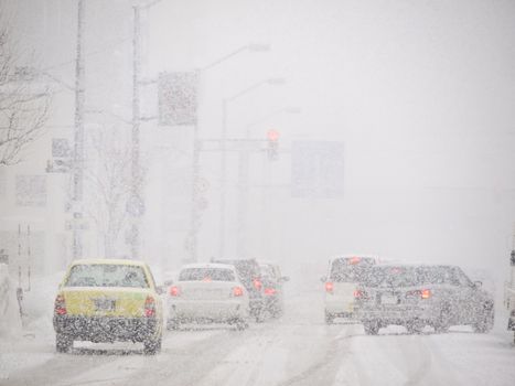 Blizzard on the Road and bad Visibility in Hokkaido, Japan.