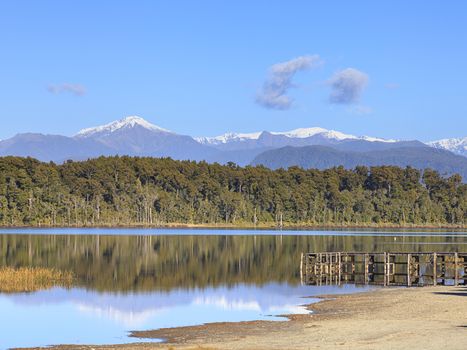 Lake Mahinapua, a shallow lake on the West Coast of The South Island, New Zealand. It is roughly 10km south of Hokitika and near the small town of Ruatapu.