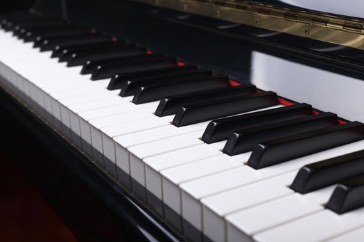 Close up of Piano keys, selective focus with shallow depth of field.