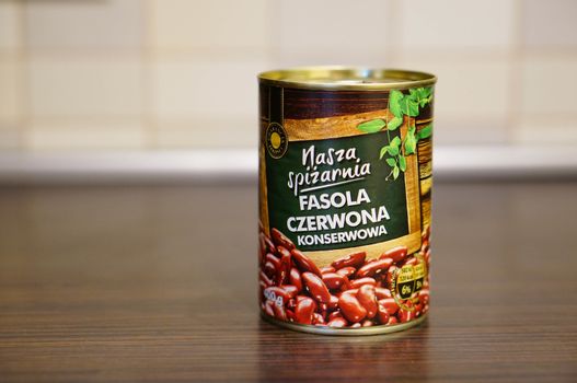 POZNAN, POLAND - SEPTEMBER 24, 2015: Brown beans in a can