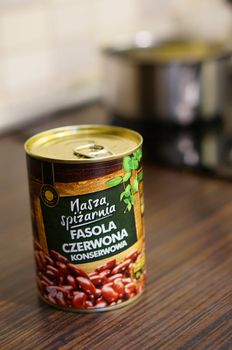 POZNAN, POLAND - SEPTEMBER 24, 2015: Brown beans in a can