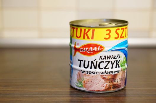 POZNAN, POLAND - SEPTEMBER 24, 2015: Graal tuna fish in cans