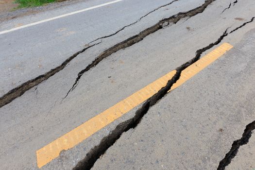 Asphalt road cracked and broken from earthquake.