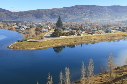 Cromwell town and Kawarau river near Lake Dunstan view from The Bruce Jackson Lookout, Central Otago region, New Zealand.
