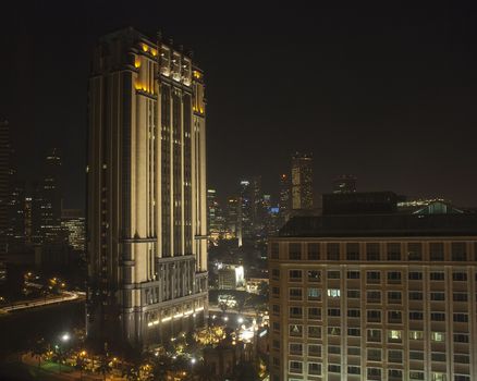 skyline singapore by night with big architecture and lights with palmtrees surrounding the buildings