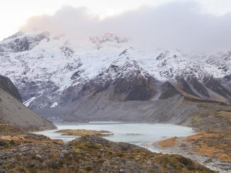 Mueller Lake, Hooker Valley, Aoraki Mount Cook National Park, Canterbury, South Island, New Zealand.