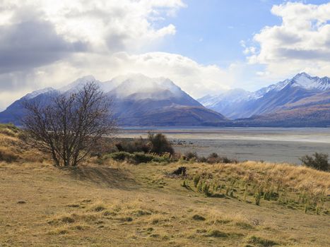 Colorful countryside of tussock valley and mountains near Mt.Cook, Aoraki Mount Cook National Park, South Island, New Zealand.