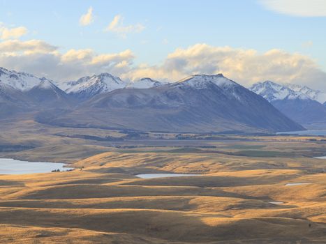 Countryside of the New Zealand, view from Mount John Observatory to Lake Alexandrina, Canterbury, South Island, New Zealand.