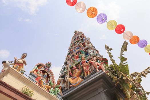 Detail of colorful Sri Mariamman temple, the oldest Hindu temple in Singapore. Located on South Bridge Road in the Chinatown District of Singapore.