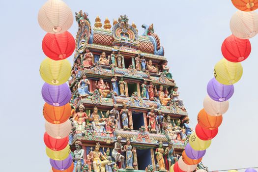 Detail of colorful Sri Mariamman temple, the oldest Hindu temple in Singapore. Located on South Bridge Road in the Chinatown District of Singapore.