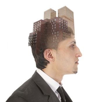 Double exposure of business man with skyscrapers isolated on white background Double exposure of business man with skyscrapers isolated on white background