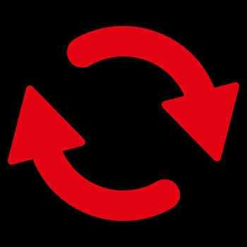 Refresh icon from Primitive Set. This isolated flat symbol is drawn with red color on a black background, angles are rounded.