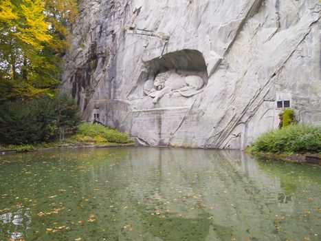 The Dying Lion Monument or the Lion of Lucerne. A historic landmark sculpture in Lucerne, Switzerland that commemorates the Swiss Guards who were massacred in 1792 during the French Revolution.