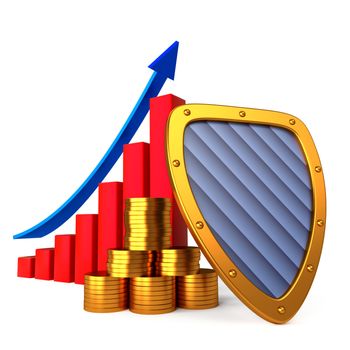 Coins chart and shield, business stability concept