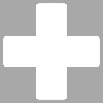 Plus icon from Primitive Set. This isolated flat symbol is drawn with white color on a silver background, angles are rounded.