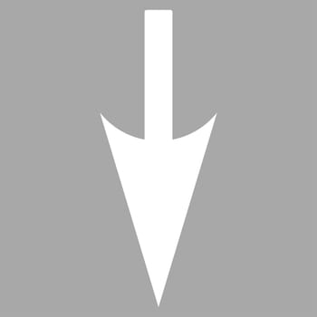 Sharp Down Arrow icon from Primitive Set. This isolated flat symbol is drawn with white color on a silver background.