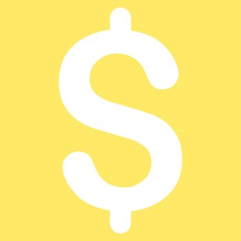 Dollar icon from Primitive Set. This isolated flat symbol is drawn with white color on a yellow background, angles are rounded.