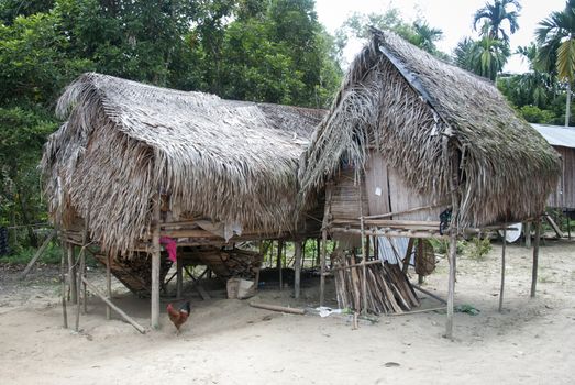 Houses in village Orang Asli - the aborigines of Malaysia on  in Berdut, Malaysia. More than 76% of all Orang Asli live below the poverty line.