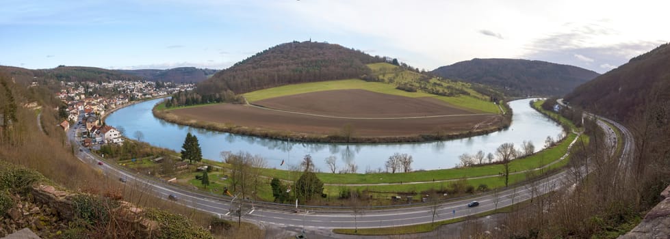 Panorama view of Neckarsteinach from the Mittelburg towards Castle Burg Steinach - river Neckar in front