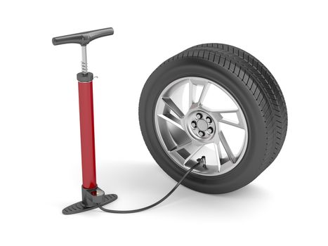 Air pump and car tire on white background