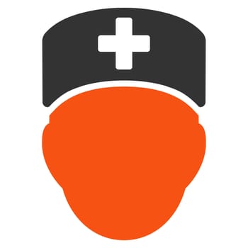 Doctor Head glyph icon. Style is bicolor flat symbol, orange and gray colors, rounded angles, white background.