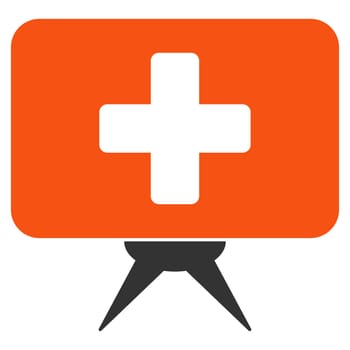Health Care Presentation glyph icon. Style is bicolor flat symbol, orange and gray colors, rounded angles, white background.