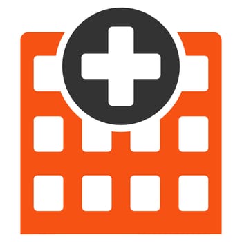 Hospital glyph icon. Style is bicolor flat symbol, orange and gray colors, rounded angles, white background.