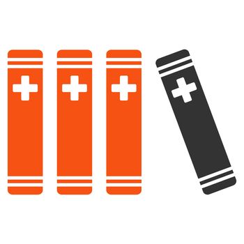 Medical Books glyph icon. Style is bicolor flat symbol, orange and gray colors, rounded angles, white background.