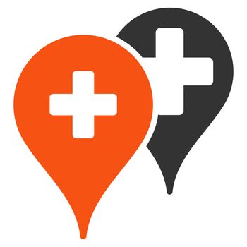Medical Map Markers glyph icon. Style is bicolor flat symbol, orange and gray colors, rounded angles, white background.