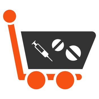 Medication Shopping Cart glyph icon. Style is bicolor flat symbol, orange and gray colors, rounded angles, white background.