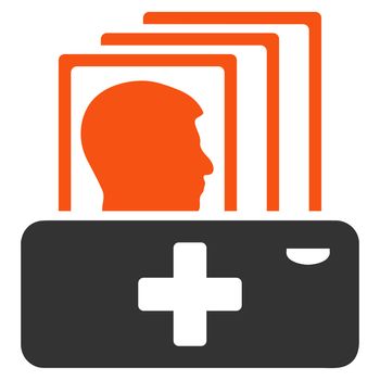 Patient Catalog glyph icon. Style is bicolor flat symbol, orange and gray colors, rounded angles, white background.