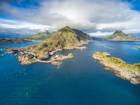 Scenic aerial view of Mortsund, small fishing village on Lofoten in Norway
