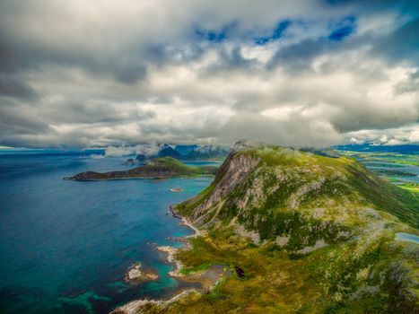 Scenic view of Lofoten islands from air