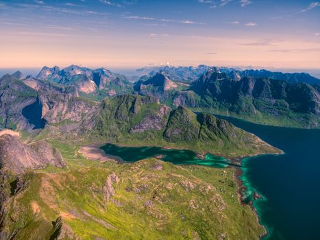 Aerial view of Lofoten islands in Norway with their dramatic peaks