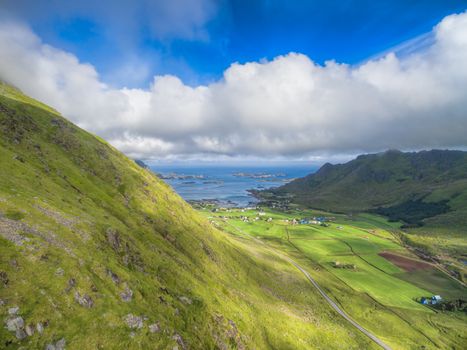 Scenic view of farmland on Lofoten islands in Norway