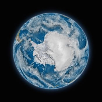 Antarctica on blue planet Earth isolated on black background. Highly detailed planet surface. Elements of this image furnished by NASA.