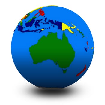 Australia on political globe, illustration isolated on white background with shadow