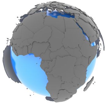 African continent standing out of blue Earth in grey, isolated on white background