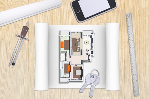 Model plan of flat with smartphone on wooden table with coffee