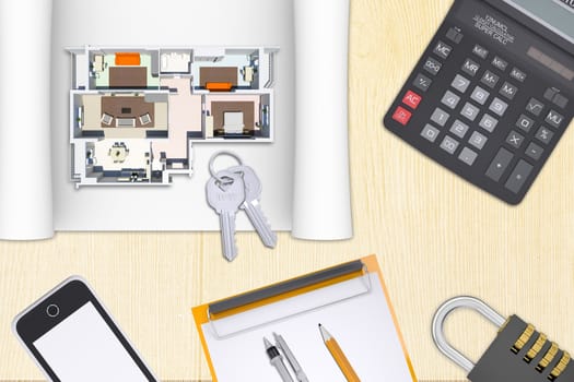 Model plan of flat with folder on wooden table with coffee